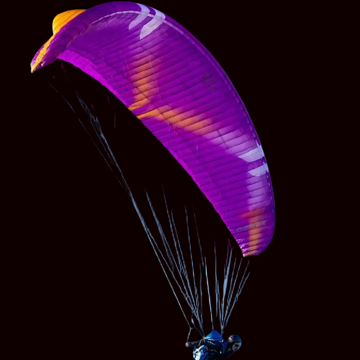 Person paragliding with a purple parachute against a black background